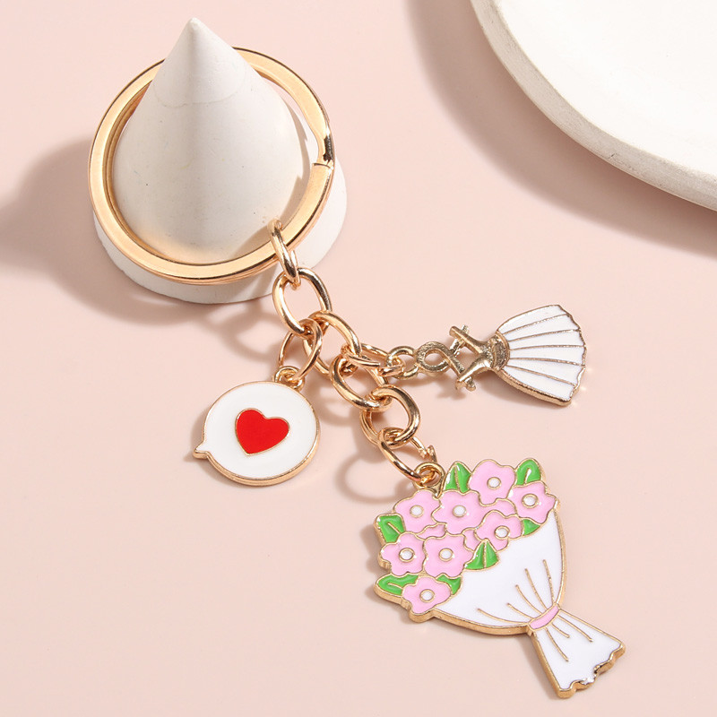 Breloc drăguț emailat, fustă inimă, buchet de mireasă, breloc cu flori, breloc pentru femei, fete, accesoriu pentru geantă, bijuterii DIY, cadouri