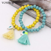 Bohemian βραχιόλια για γυναίκες κορίτσια Πολύχρωμες Ξύλινες χάντρες Φούντα Καρδιά Lucky Eye Charm Βραχιόλι Χειροποίητο κόσμημα Δώρο