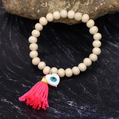 Bohemian βραχιόλια για γυναίκες κορίτσια Πολύχρωμες Ξύλινες χάντρες Φούντα Καρδιά Lucky Eye Charm Βραχιόλι Χειροποίητο κόσμημα Δώρο