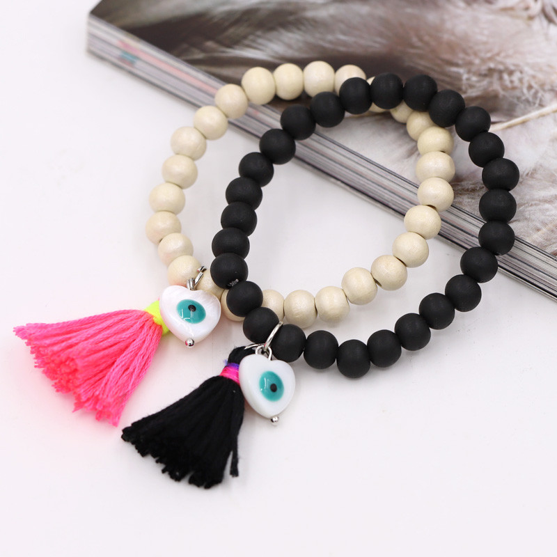 Bohemian βραχιόλια για γυναίκες κορίτσια Πολύχρωμες Ξύλινες χάντρες Φούντα Καρδιά Lucky Eye Charm Βραχιόλι Χειροποίητο κόσμημα Δώρο