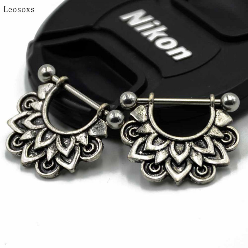 Leosoxs 2 τμχ Εκρηκτικό ανοξείδωτο ατσάλι Ghost Head πιρούνι Lotus Letter Breast Ring Human Body Piercing Jewelry