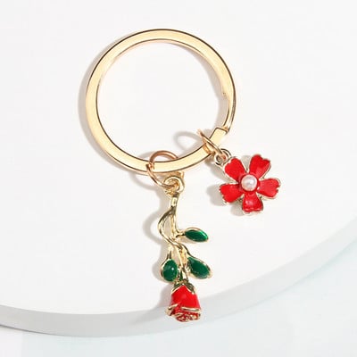 Breloc drăguț emailat 3D trandafir inel cheie plante brelocuri pentru femei fete accesoriu geantă bijuterii DIY Cadouri de Valentin