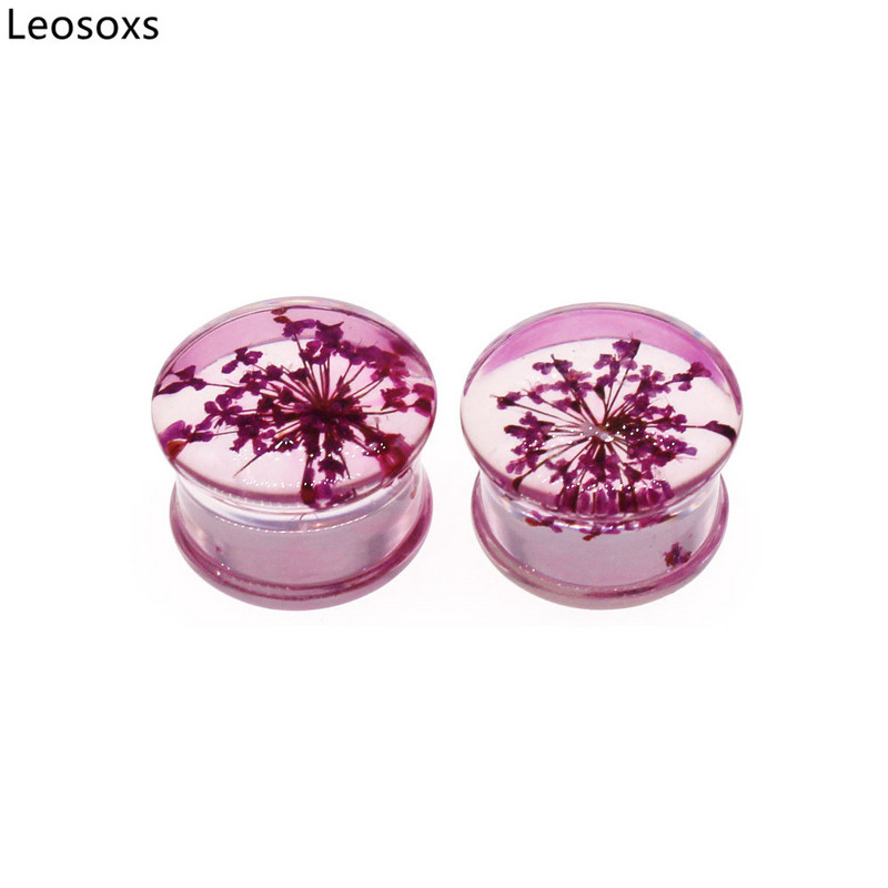 Leosoxs 1 pereche de dopuri pentru urechi cu flori, tuneluri, piercing pentru ureche, calibre de expansiune pentru cercei acrilic, bijuterii pentru piercing pentru corp dublu