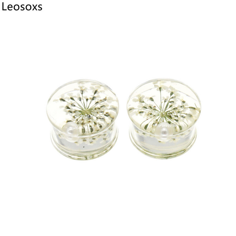 Leosoxs 1 pereche de dopuri pentru urechi cu flori, tuneluri, piercing pentru ureche, calibre de expansiune pentru cercei acrilic, bijuterii pentru piercing pentru corp dublu