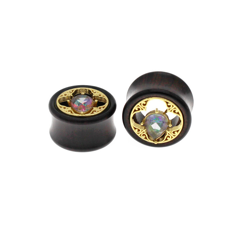 Leosoxs 1 pereche de dopuri pentru urechi din lemn de zircon auriu cu incrustație de 8-25 mm pentru femei și bărbați, bijuterii pentru piercing pentru corp.