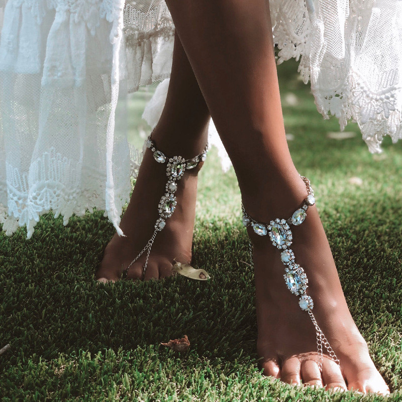 Stonefans Set de 2 bucăți Brățară de gleznă conectată cu strass Boho pentru femei, de argint, gleznă, lanț pentru picioare, ham de mână, bijuterii, cadou