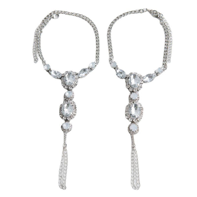 Stonefans Set de 2 bucăți Brățară de gleznă conectată cu strass Boho pentru femei, de argint, gleznă, lanț pentru picioare, ham de mână, bijuterii, cadou