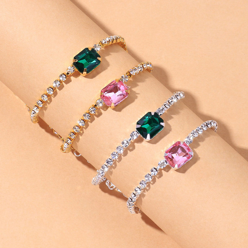 Stonefans Boho roz verde pătrat cristal gleznă lanț pentru femei vară stras strălucitor gleznă gleznă pe picior bijuterii de plajă