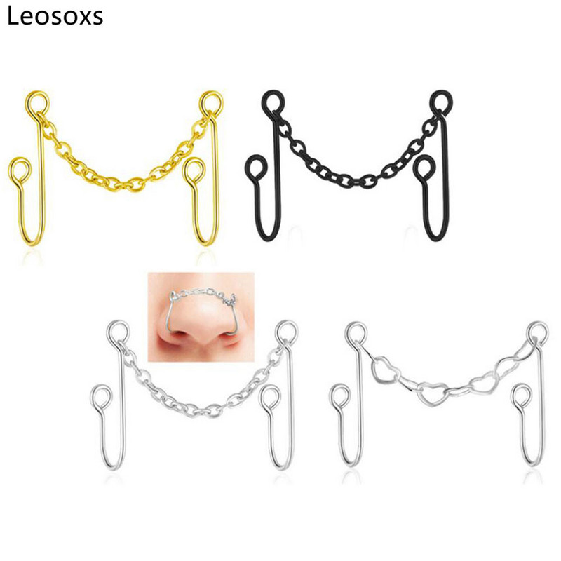 Leosoxs 1 buc. Lanț pentru nas pentru manșetă dublă piercing nas fals auriu nară neagră Nici unul perforat manșetă nas fals inel nas bijuterii noi