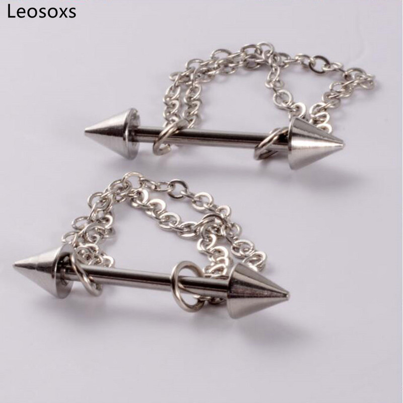 Leosoxs 1 pár rozsdamentes acél lánc hegyes kúpos tejgyűrű 14g függő lánc acél golyós szál testpiercing ékszer