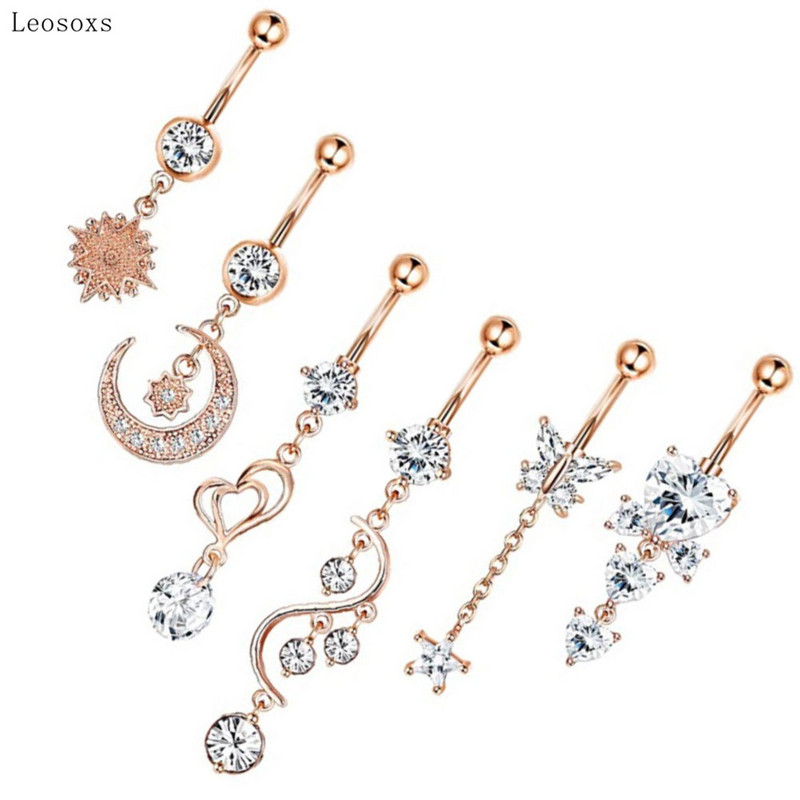 Leosoxs 6 buc. Bijuterii piercing cu inel pentru buric, cu zirconiu, din oțel inoxidabil