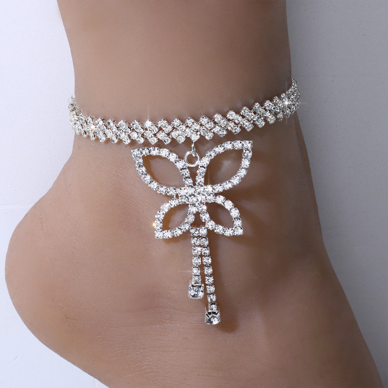 Stonefans Fashion Full Rhinestone Big Butterfly Anklets pentru femei Boho Summer Beach ciucuri pandantiv glezna cristal bijuterii pentru picioare