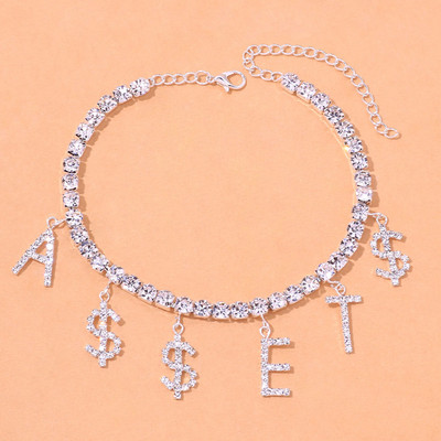 Brățară de gleznă cu litere de dolar cu stras de modă Stonefans pentru femei, lanț de tenis de cristal, pandantiv cu bani, bijuterii pentru picior.