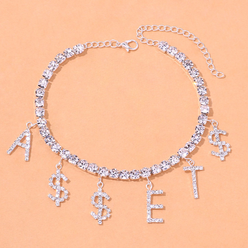 Brățară de gleznă cu litere de dolar cu stras de modă Stonefans pentru femei, lanț de tenis de cristal, pandantiv cu bani, bijuterii pentru picior.
