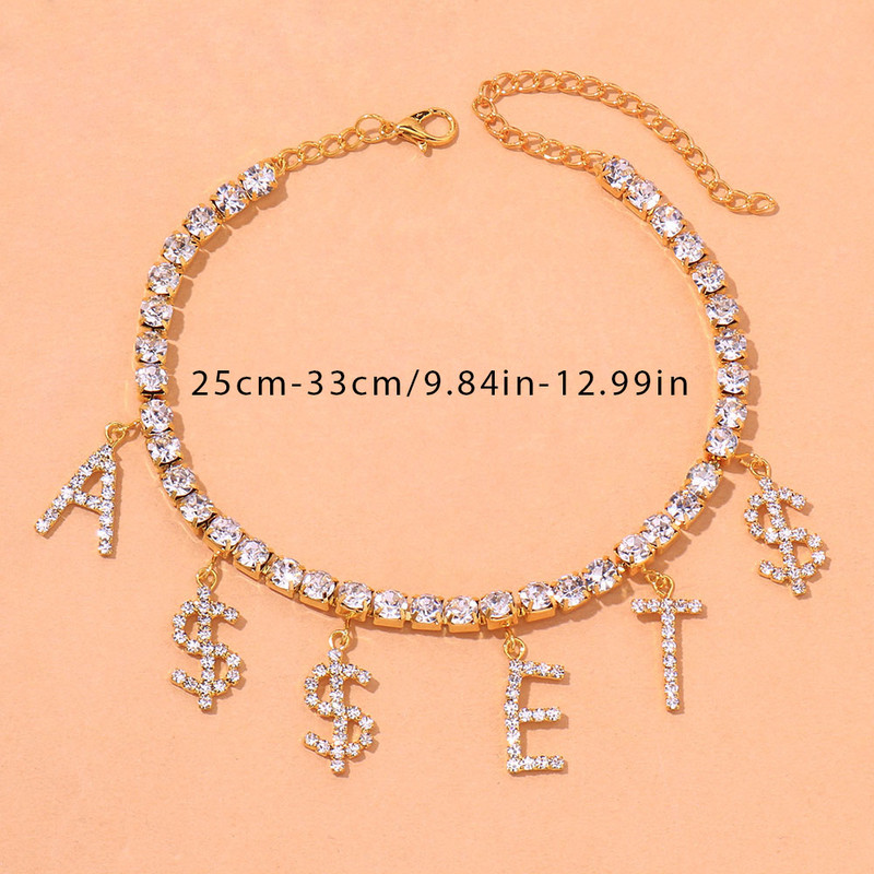Brățară de gleznă cu litere de dolar cu stras de modă Stonefans pentru femei, lanț de tenis de cristal, pandantiv cu bani, bijuterii pentru picior.