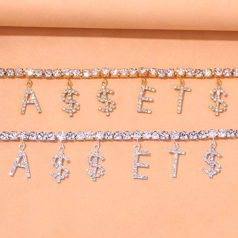 Brățară de gleznă cu litere de dolar cu stras de modă Stonefans pentru femei, lanț de tenis de cristal, pandantiv cu bani, bijuterii pentru picior.