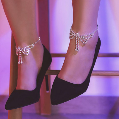 Stonefans Boho Butterfly Bowknot Rhinestone Anklet Гривна Верига Верига за тенис на краката на висок ток Плажни сватбени бижута за жени