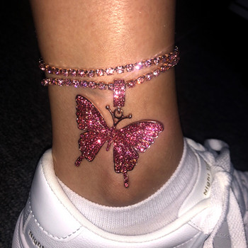 Stonefans Shiny Rhinestone Big Butterfly Pendant Anklet на едро за жени Луксозни бижута Двуслойна анкета Butterfly Chain
