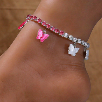Stonefans Charms Pink Butterfly Rhinestone Anklet Гривна Butterfly White Women Плажен Тенис Верижка Висулка Анкета за крака Бижута