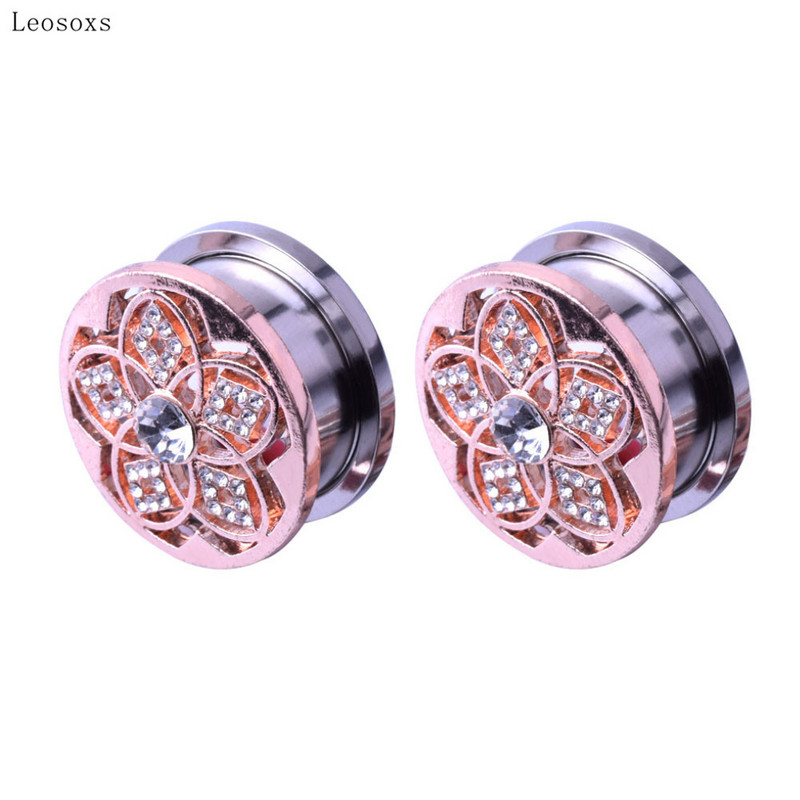 Leosoxs 2 ks horúci výpredaj nehrdzavejúcej ocele kladka ušnica špirála 5-lupeňový kvet rozširovač ucha ružovo pozlátené duté náušnice