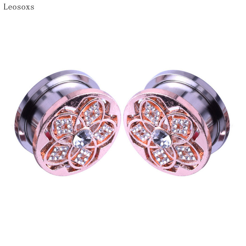Leosoxs 2 ks horúci výpredaj nehrdzavejúcej ocele kladka ušnica špirála 5-lupeňový kvet rozširovač ucha ružovo pozlátené duté náušnice