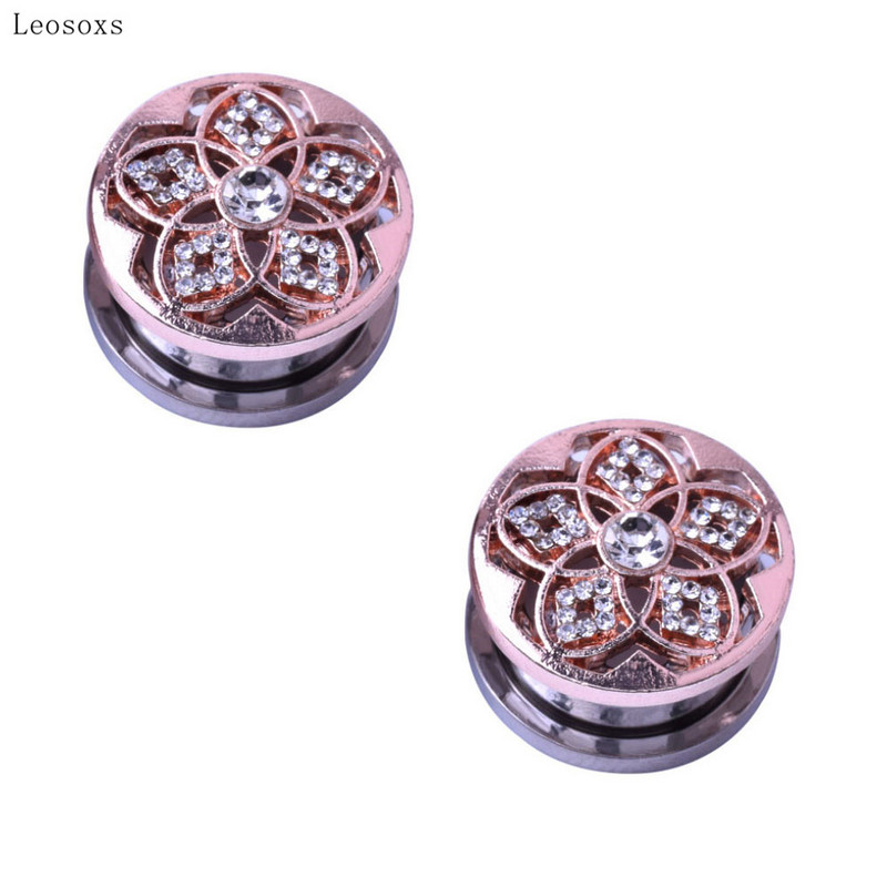 Leosoxs 2 ks horúci výpredaj nehrdzavejúcej ocele kladka ušnica špirála 5-lupeňový kvet rozširovač ucha ružovo pozlátené duté náušnice