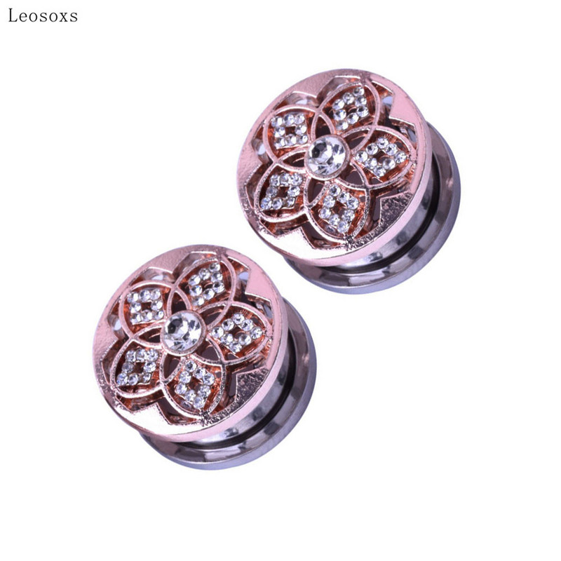 Leosoxs 2 ks horúci výpredaj nehrdzavejúcej ocele kladka ušnica špirála 5-lupeňový kvet rozširovač ucha ružovo pozlátené duté náušnice