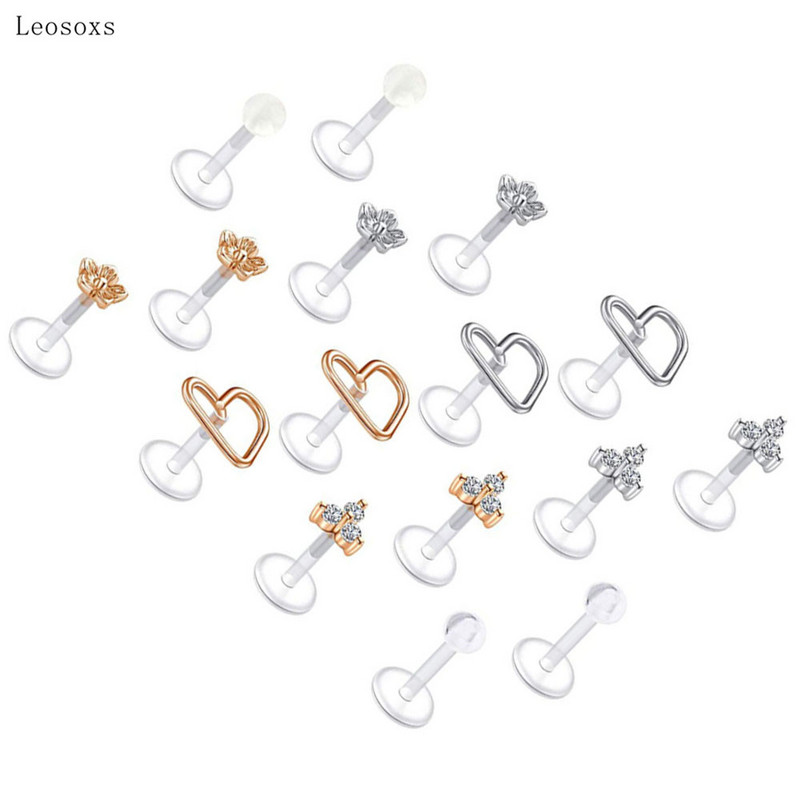 Leosoxs 18 buc. Set combinat nou transparent, tijă moale pentru buze, unghii, flori de dragoste, bijuterii acrilice pentru piercing pentru unghii