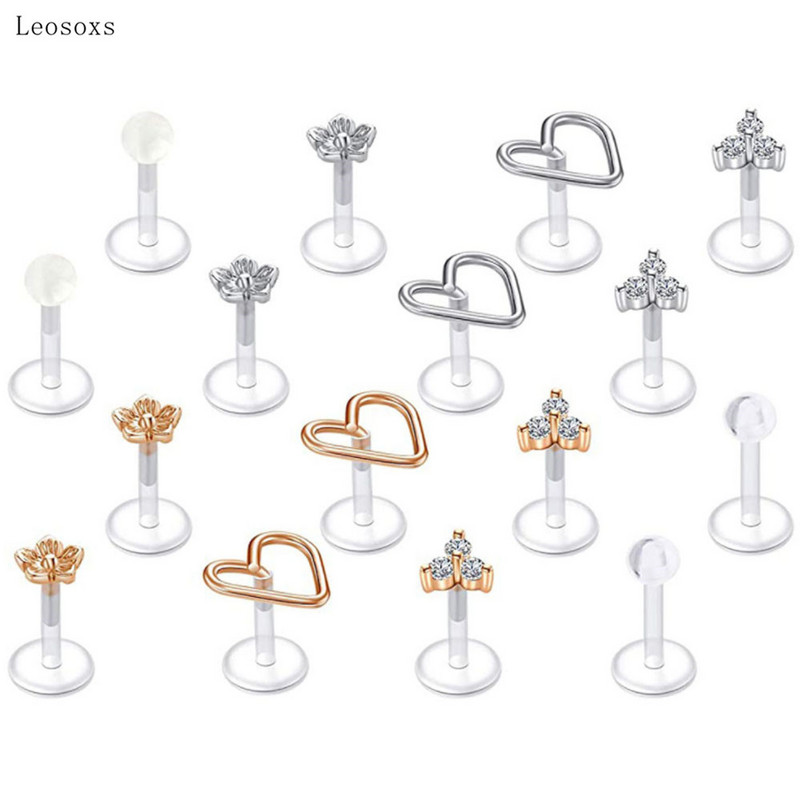 Leosoxs 18 buc. Set combinat nou transparent, tijă moale pentru buze, unghii, flori de dragoste, bijuterii acrilice pentru piercing pentru unghii