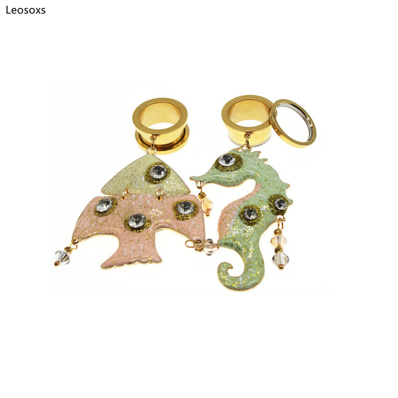 Leosoxs 2 bucăți din oțel inoxidabil pentru urechi, dopuri suspendate, creativ, pește, cercei asimetrici, piercing, bijuterii