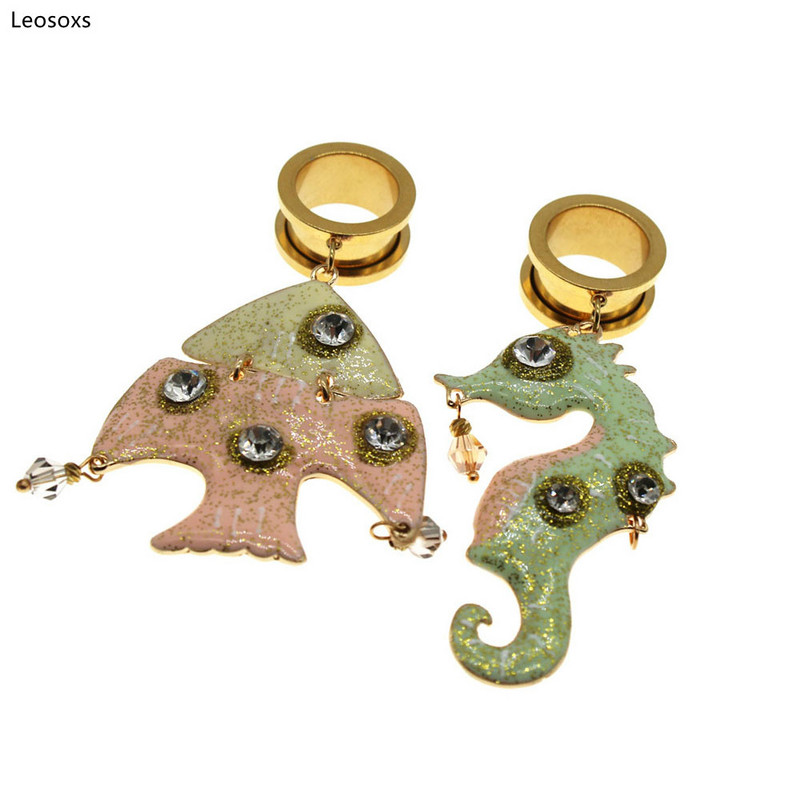 Leosoxs 2 bucăți din oțel inoxidabil pentru urechi, dopuri suspendate, creativ, pește, cercei asimetrici, piercing, bijuterii