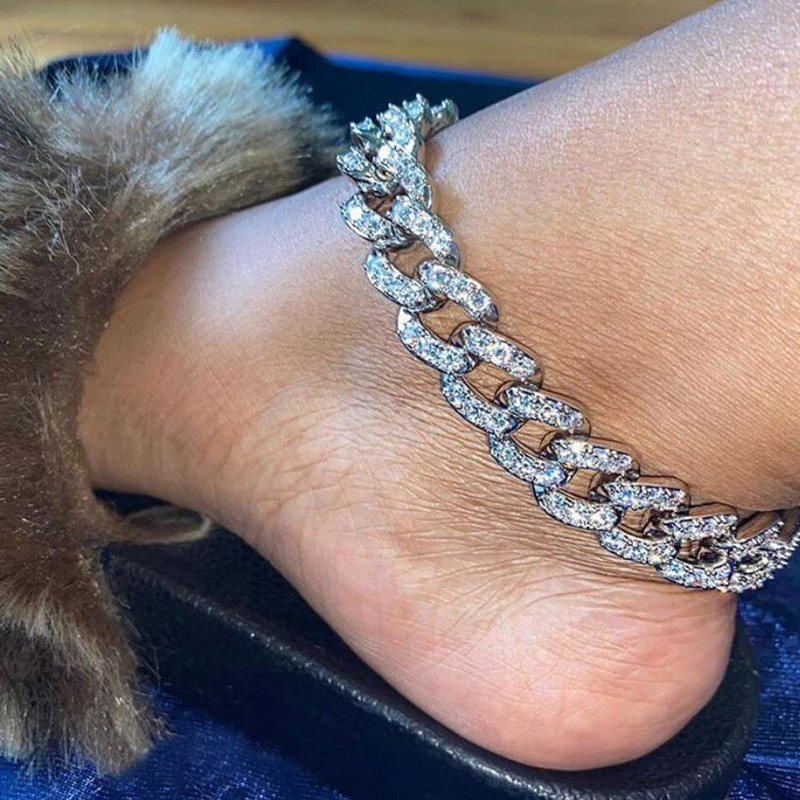 Stonefans Hip Hop Cuban Link Lanț Iced Out gleznă Brățări pentru femei farmec de lux bijuterii strălucitoare pentru picioare Sandale desculțe gleznă