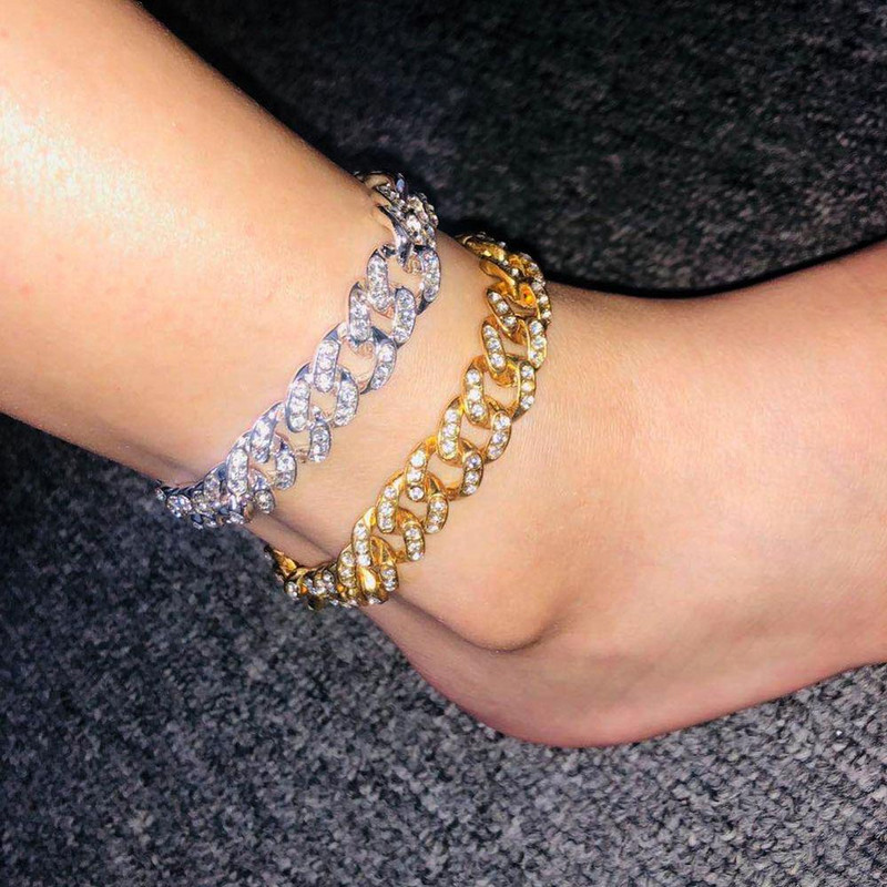 Stonefans Hip Hop Cuban Link Lanț Iced Out gleznă Brățări pentru femei farmec de lux bijuterii strălucitoare pentru picioare Sandale desculțe gleznă