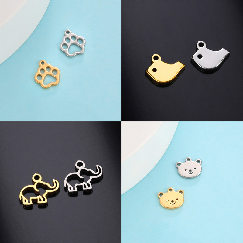 EUEAVAN 5db Animal Charm rozsdamentes acél bűbáj ékszerkészítéshez Kutya Mancs Medve Hal Lóhere Medál Karkötők Barkács kiegészítők
