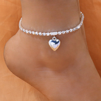 Stonefans Boho Jewelry Rhinestone Chain Heart Pendant Glezen za Women Hip Hop Tennis Anklet Гривна на крака Бижута на едро