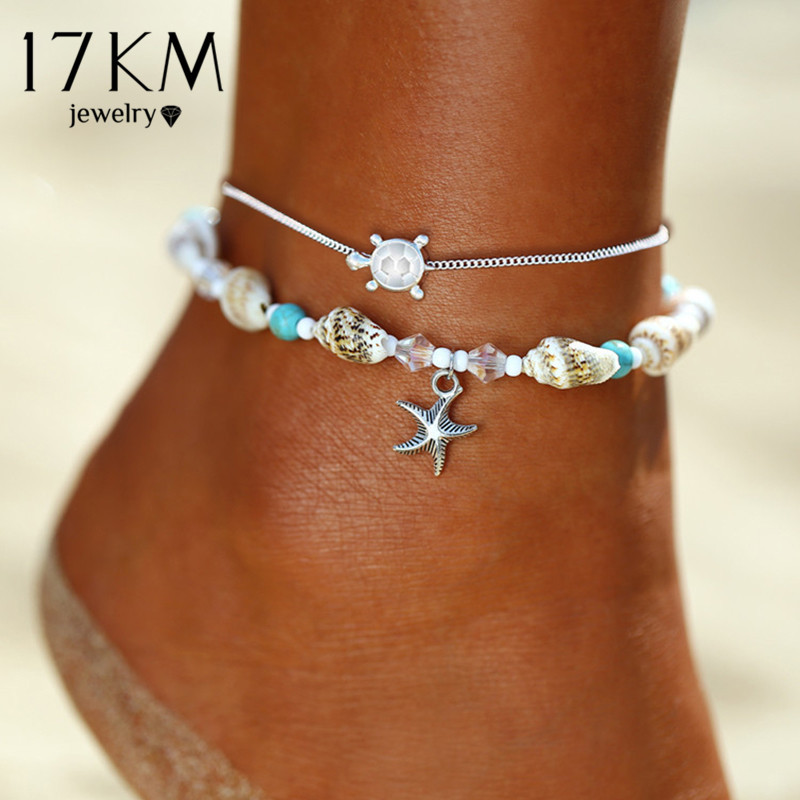 Divatos Starfish Shell bokaláncok nőknek Nyári Többrétegű Ocean Beach Csillag Tengeri Teknős Boka Karkötő Lábszár Ékszer