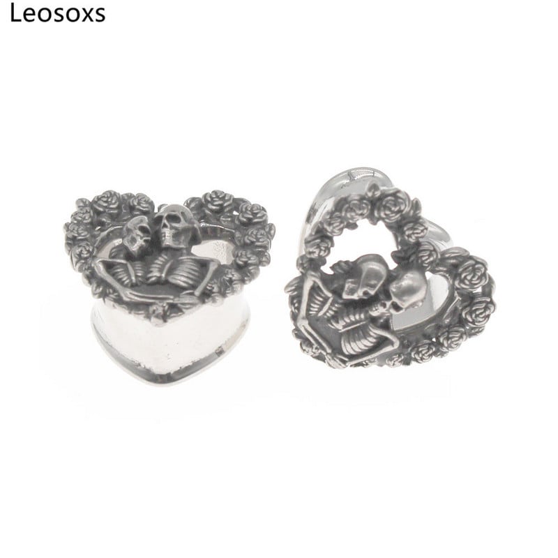 Leosoxs 2 buc Oțel inoxidabil Inimă Craniu dopuri pentru urechi și tuneluri Piercing pentru ureche Expander pentru cercei Calibre pentru urechi Bijuterii pentru corp Piercing