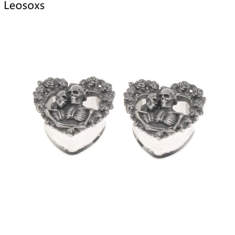 Leosoxs 2 buc Oțel inoxidabil Inimă Craniu dopuri pentru urechi și tuneluri Piercing pentru ureche Expander pentru cercei Calibre pentru urechi Bijuterii pentru corp Piercing