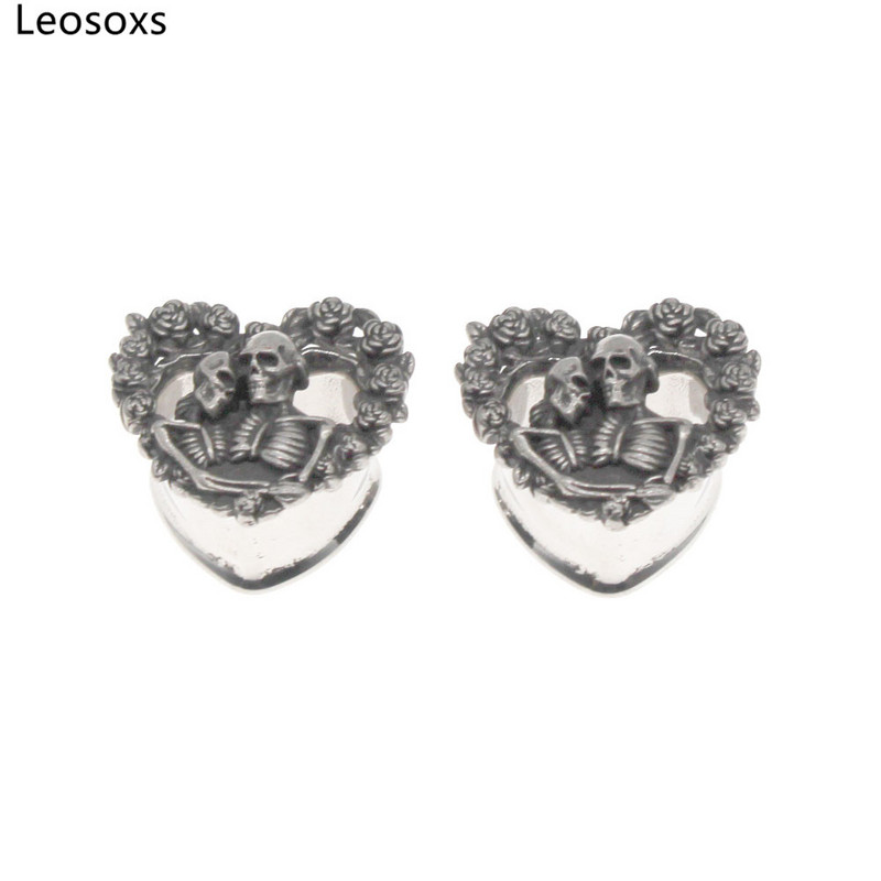 Leosoxs 2 buc Oțel inoxidabil Inimă Craniu dopuri pentru urechi și tuneluri Piercing pentru ureche Expander pentru cercei Calibre pentru urechi Bijuterii pentru corp Piercing
