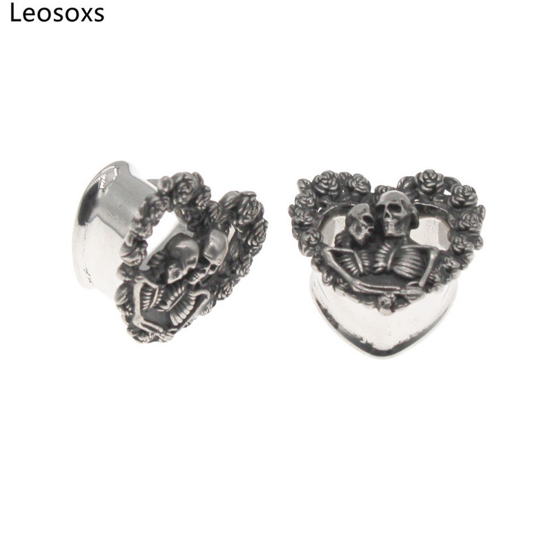 Leosoxs 2 buc Oțel inoxidabil Inimă Craniu dopuri pentru urechi și tuneluri Piercing pentru ureche Expander pentru cercei Calibre pentru urechi Bijuterii pentru corp Piercing
