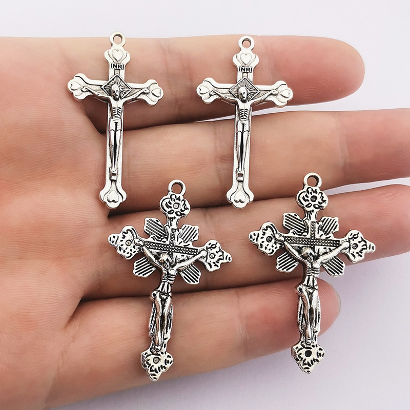 JINDINSP 10db Antik ezüst színű bevonatú vallási kereszt medálok keresztbűvész ékszer nyaklánc és fülbevaló készítéséhez