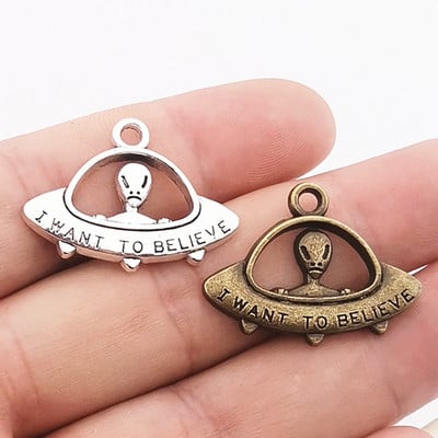 5 бр. Charms UFO Alien ET Believe Spaceship Charm Тибетски бронзови сребърни цветни висулки Изработка на антични бижута Направи си сам ръчно изработени занаяти
