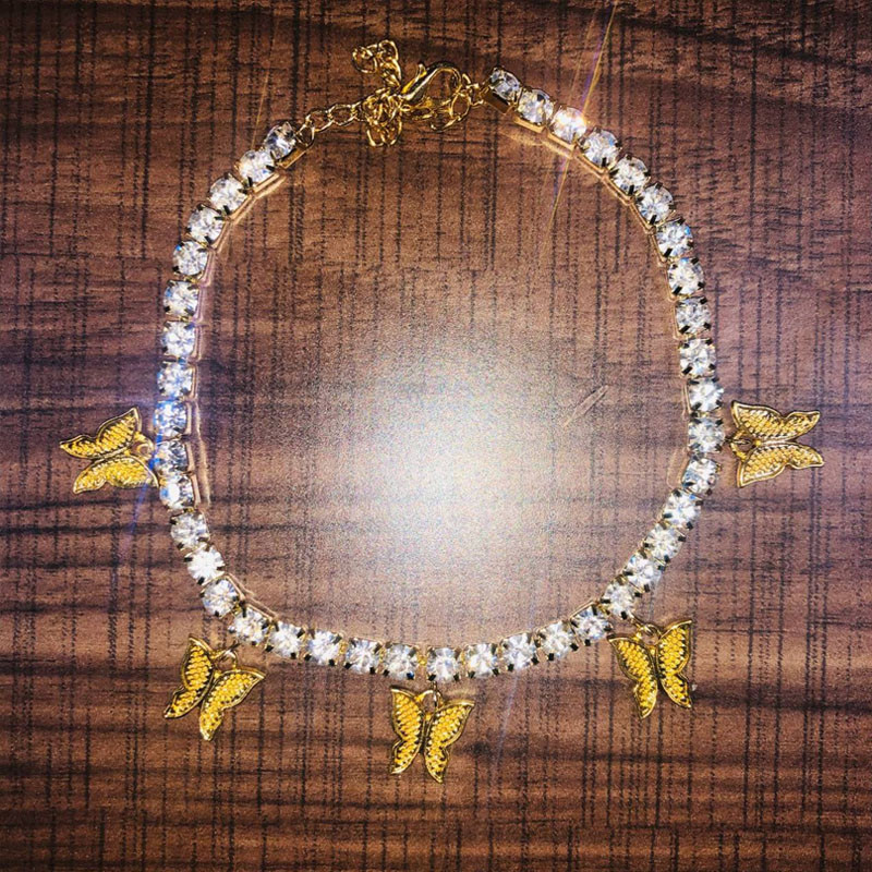 Stonefans Zlatý motýľ Tenisový náramok na členok s kamienkami pre ženy Krištáľový motýľ Prívesok na členok Plážový retiazkový náramok na nohy