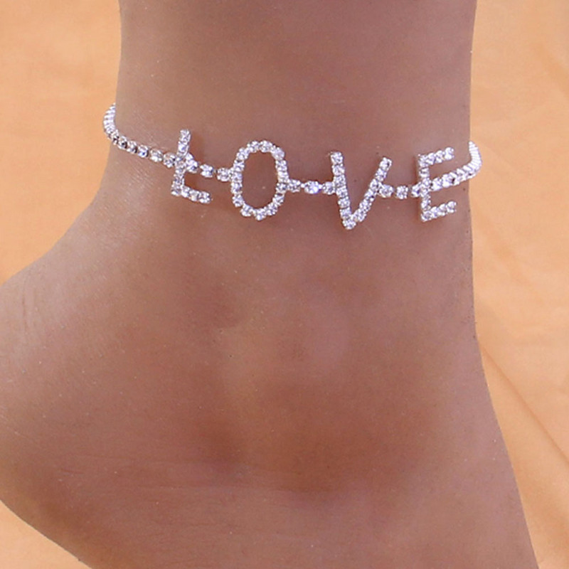 Stonefans Fashion Words LOVE Bijuterii de gleznă cu strasuri pentru femei Lanț de tenis de cristal Brățări de gleznă cu cadou cu scrisoare