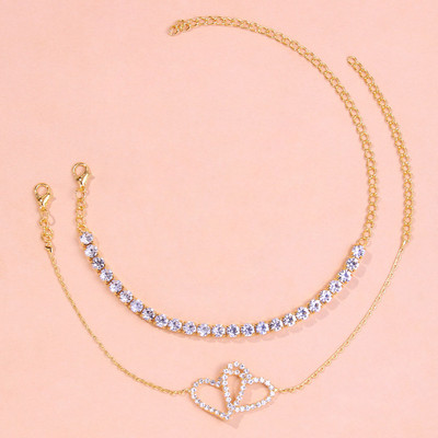 Stonefans 2 bucăți/set dublă dragoste cu stras inimă gleznă pentru femei Accesorii de vară tenis gleznă brățară picior lanț bijuterii picior