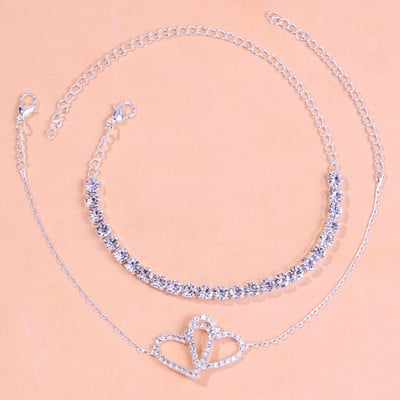 Stonefans 2 bucăți/set dublă dragoste cu stras inimă gleznă pentru femei Accesorii de vară tenis gleznă brățară picior lanț bijuterii picior
