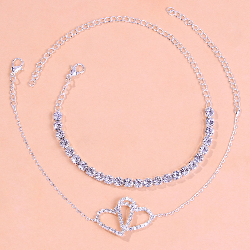 Stonefans 2 bucăți/set dublă dragoste cu stras inimă gleznă pentru femei Accesorii de vară tenis gleznă brățară picior lanț bijuterii picior