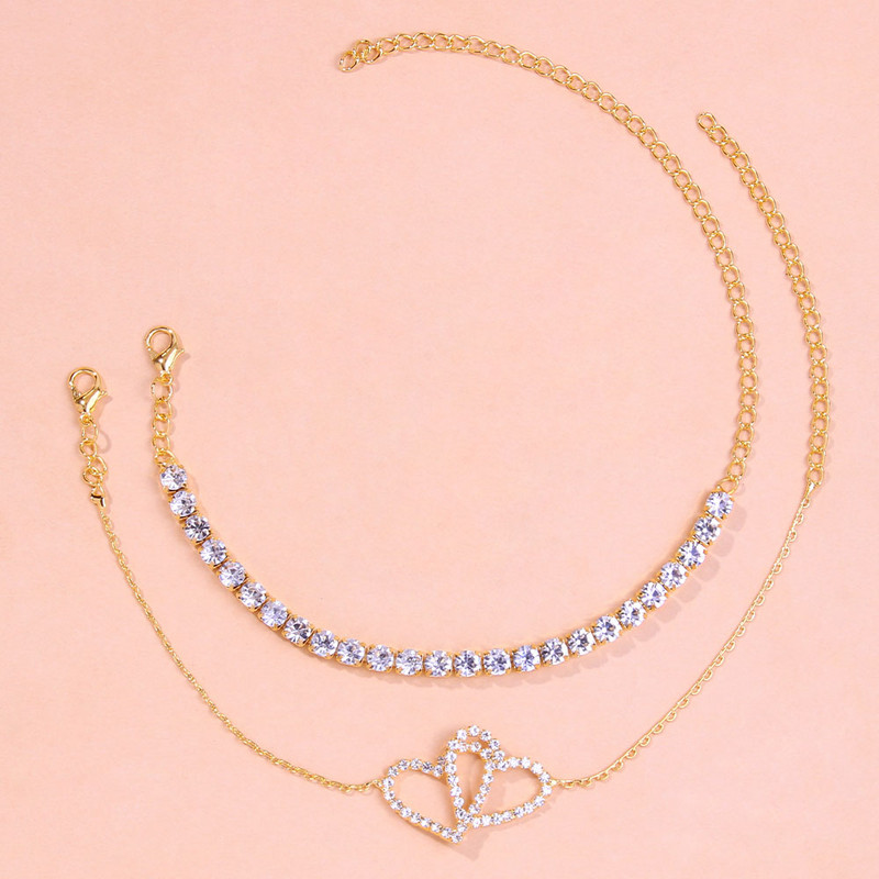 Stonefans 2 bucăți/set dublă dragoste cu stras inimă gleznă pentru femei Accesorii de vară tenis gleznă brățară picior lanț bijuterii picior