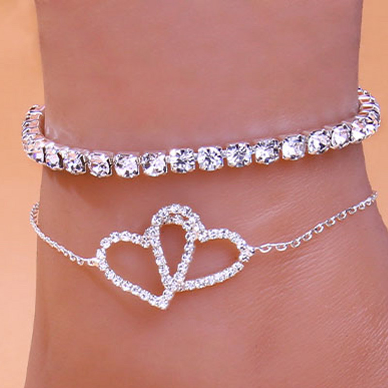 Stonefans 2 bucăți/set dublă dragoste cu stras inimă gleznă pentru femei Accesorii de vară tenis gleznă brățară picior lanț bijuterii picior