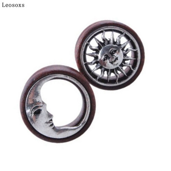 Leosoxs 2τμχ Εξωτερικού Εμπορίου Hot-selling Wood Ear Expander, New Product Sun and Moon Alloy Wood, Exquisite Piercing Jewelry 8-20mm